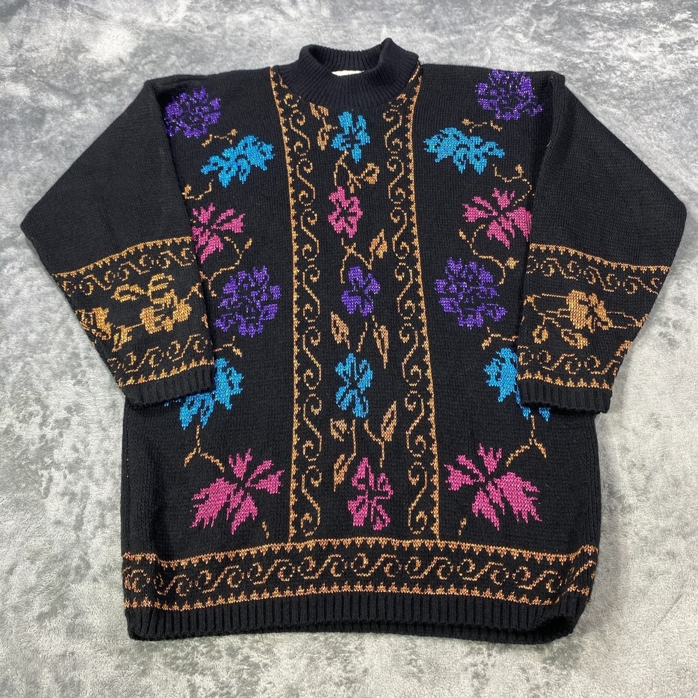 Vintage Dana Scott Tunic Mock Neck Sweater Womens Large Floral Knit Acrylic USA